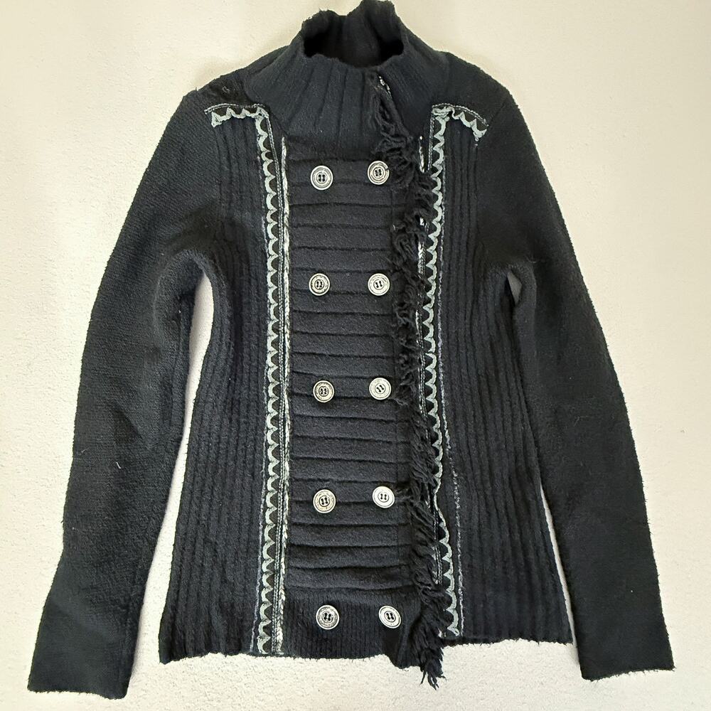 Free People Black Ribbed Military Double Breasted Sweater Jacket Cardigan M